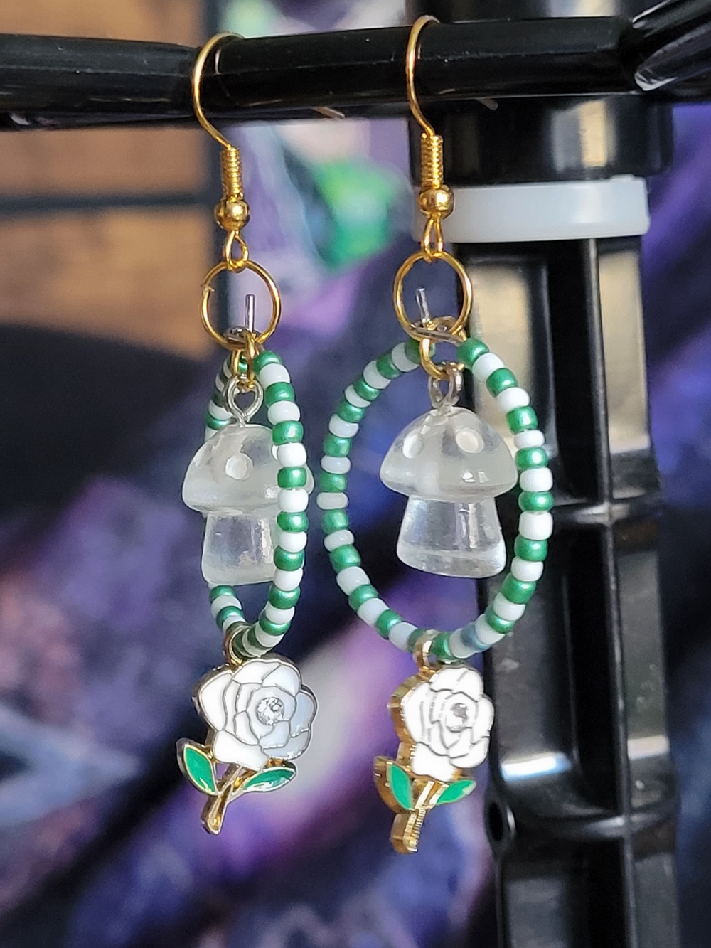 🍁NEW🍁 Beaded Hoop Earrings with Frosted Mushroom and White Rose Charms